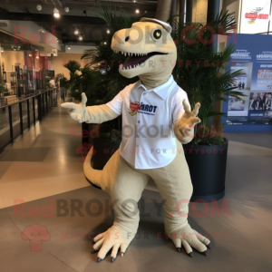 Beige Allosaurus mascot costume character dressed with a Polo Tee and Shoe laces