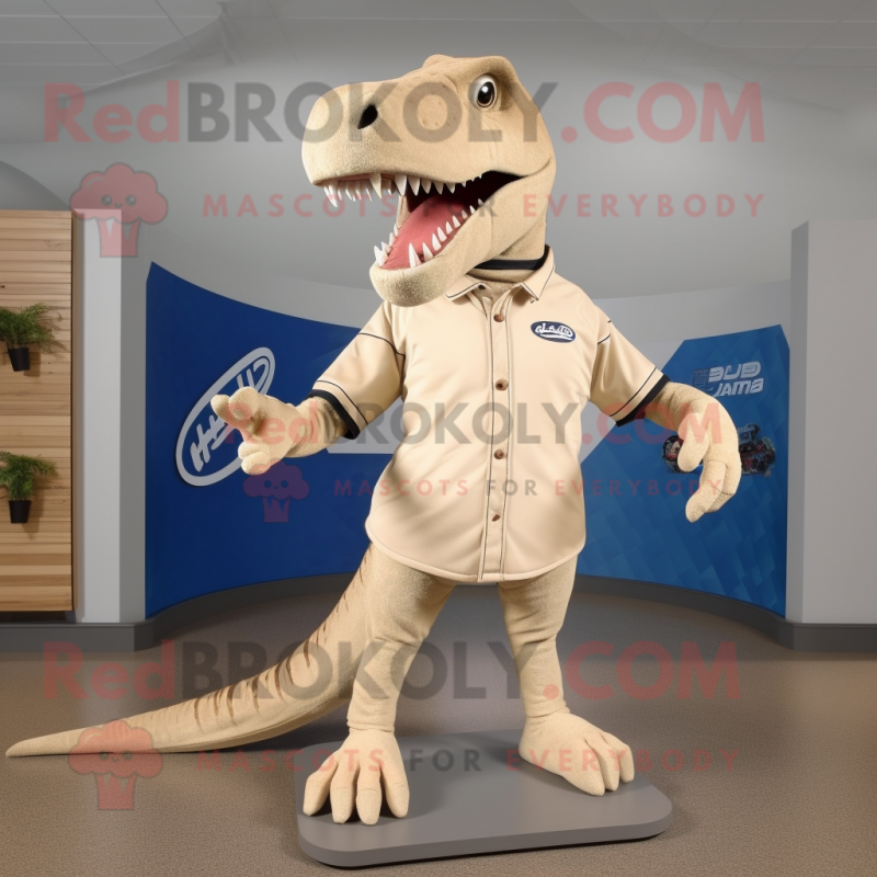 Beige Allosaurus mascot costume character dressed with a Polo Tee and Shoe laces Beige Allosaurus mascot costume character dressed with a Polo Tee and Shoe laces