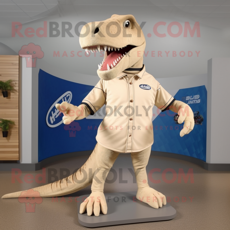 Beige Allosaurus mascot costume character dressed with a Polo Tee and Shoe laces