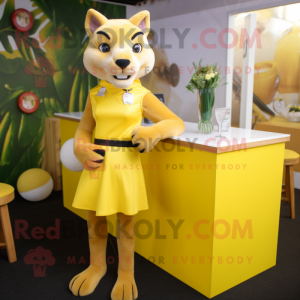Yellow Puma mascot costume character dressed with a Cocktail Dress and Cufflinks