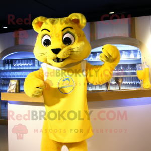 Yellow Puma mascot costume character dressed with a Cocktail Dress and Cufflinks