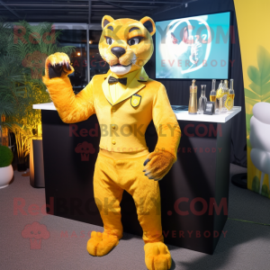 Yellow Puma mascot costume character dressed with a Cocktail Dress and Cufflinks