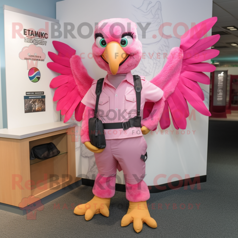 Pink Hawk mascot costume character dressed with a Cargo Shorts and Ties Pink Hawk mascot costume character dressed with a Cargo Shorts and Ties