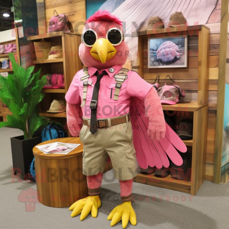 Pink Hawk mascot costume character dressed with a Cargo Shorts and Ties Pink Hawk mascot costume character dressed with a Cargo Shorts and Ties