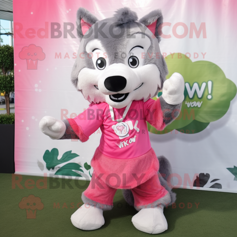 Pink Say Wolf mascot costume character dressed with a Blouse and Keychains