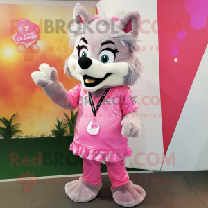 Pink Say Wolf mascot costume character dressed with a Blouse and Keychains