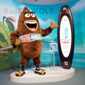 Brown Surfboard mascot costume character dressed with a Bikini and Digital watches