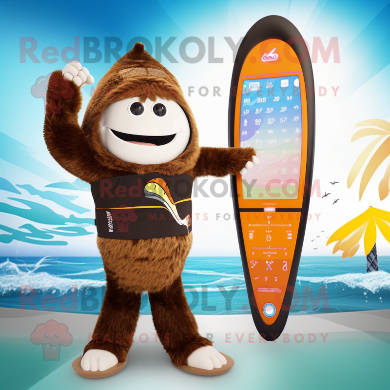 Brown Surfboard mascot costume character dressed with a Bikini and Digital watches Brown Surfboard mascot costume character dressed with a Bikini and Digital watches