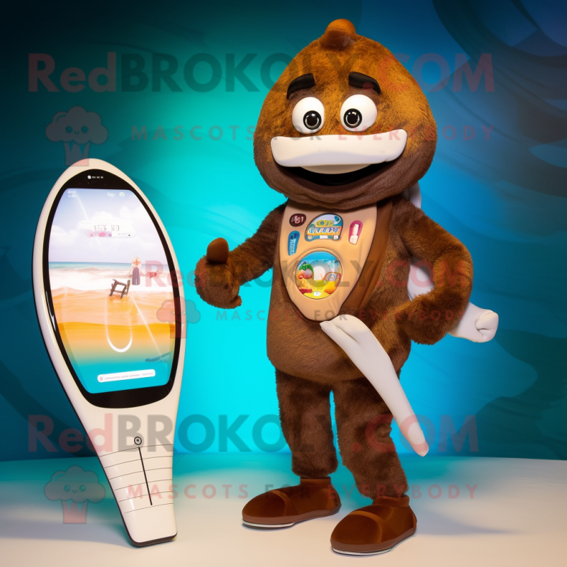 Brown Surfboard mascot costume character dressed with a Bikini and Digital watches Brown Surfboard mascot costume character dressed with a Bikini and Digital watches