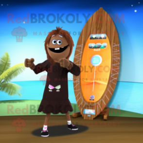 Brown Surfboard mascot costume character dressed with a Bikini and Digital watches