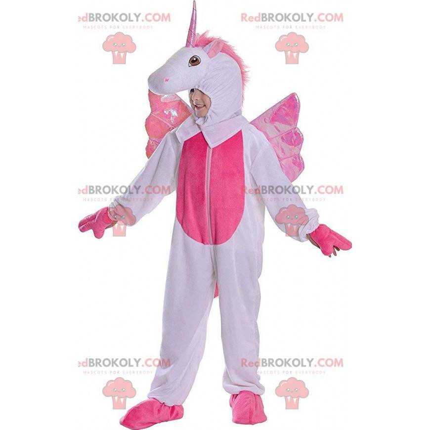 Mascotte unicorno bianco e rosa, costume per bambino 128 cm -