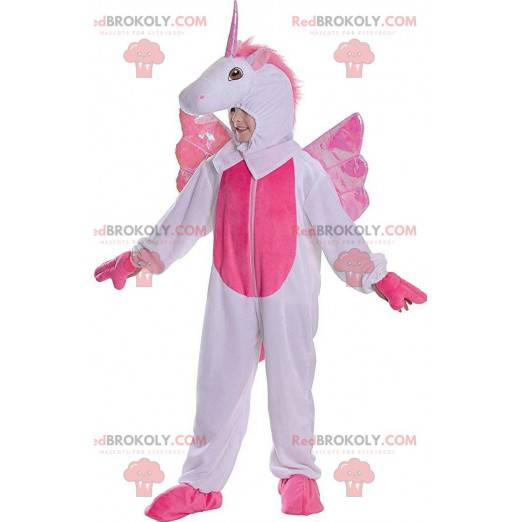 Mascotte unicorno bianco e rosa, costume per bambino 128 cm -