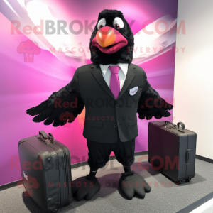 Magenta Blackbird mascot costume character dressed with a Suit Jacket and Briefcases