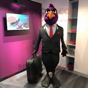 Magenta Blackbird mascot costume character dressed with a Suit Jacket and Briefcases