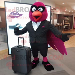 Magenta Blackbird mascot costume character dressed with a Suit Jacket and Briefcases