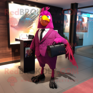 Magenta Blackbird mascot costume character dressed with a Suit Jacket and Briefcases
