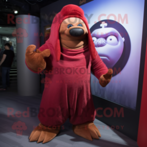 Maroon Walrus mascot costume character dressed with a Turtleneck and Wraps