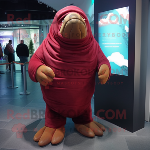 Maroon Walrus mascot costume character dressed with a Turtleneck and Wraps