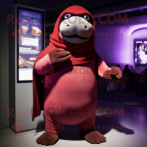 Maroon Walrus mascot costume character dressed with a Turtleneck and Wraps