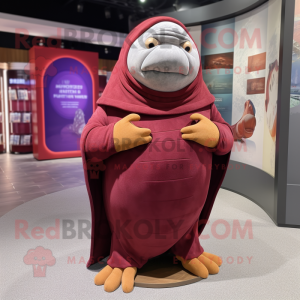 Maroon Walrus mascot costume character dressed with a Turtleneck and Wraps