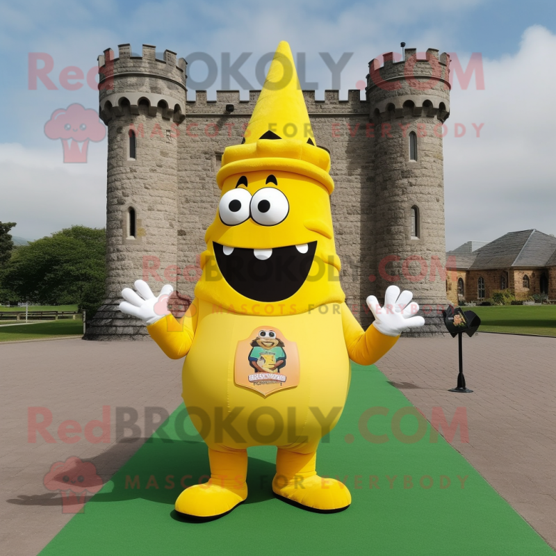 Yellow Irish Castle mascot costume character dressed with a Tank Top and Shoe clips Yellow Irish Castle mascot costume character dressed with a Tank Top and Shoe clips