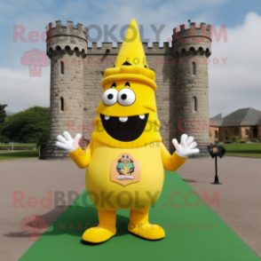 Yellow Irish Castle mascot costume character dressed with a Tank Top and Shoe clips