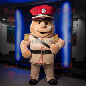 Beige British Royal Guard mascot costume character dressed with a Dungarees and Belts