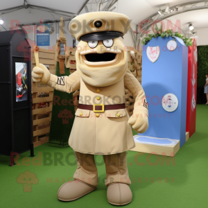 Beige British Royal Guard mascot costume character dressed with a Dungarees and Belts