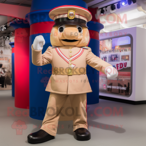 Beige British Royal Guard mascot costume character dressed with a Dungarees and Belts