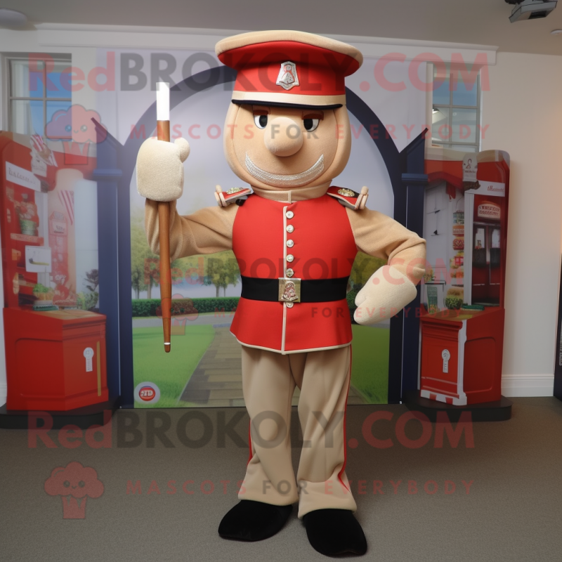 Beige British Royal Guard mascot costume character dressed with a Dungarees and Belts