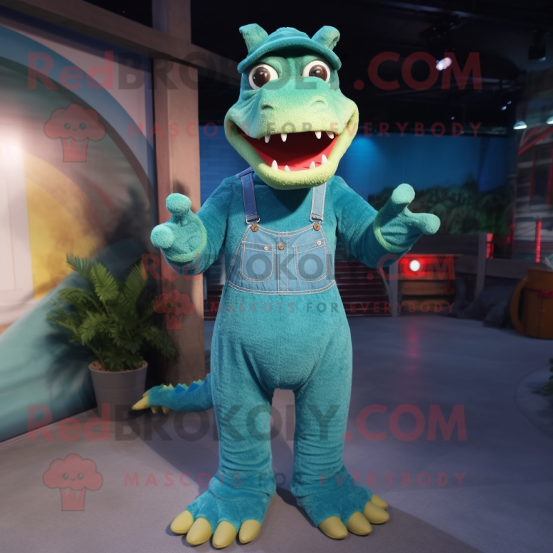 Teal Crocodile mascot costume character dressed with a Dungarees and Bracelets