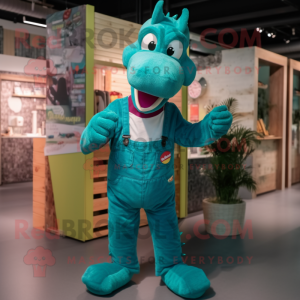 Teal Crocodile mascot costume character dressed with a Dungarees and Bracelets