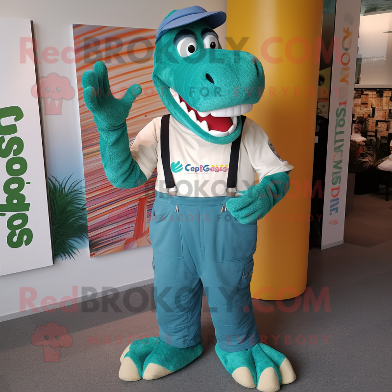 Teal Crocodile mascot costume character dressed with a Dungarees and Bracelets