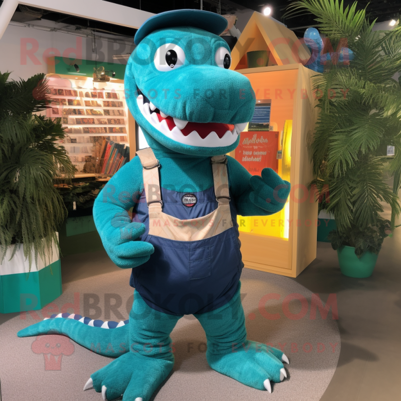Teal Crocodile mascot costume character dressed with a Dungarees and Bracelets Teal Crocodile mascot costume character dressed with a Dungarees and Bracelets
