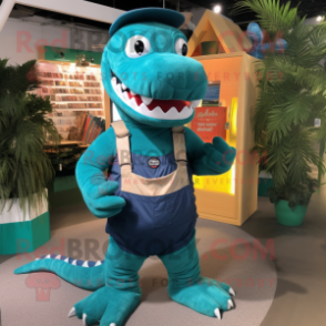 Teal Crocodile mascot costume character dressed with a Dungarees and Bracelets