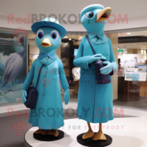 Turquoise Albatross mascot costume character dressed with a A-Line Dress and Berets