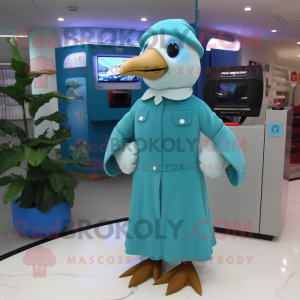 Turquoise Albatross mascot costume character dressed with a A-Line Dress and Berets