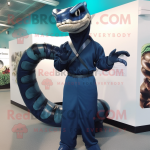 Navy Titanoboa mascot costume character dressed with a Dress and Gloves