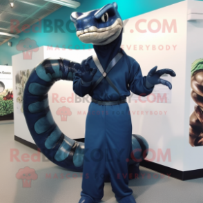 Navy Titanoboa mascot costume character dressed with a Dress and Gloves