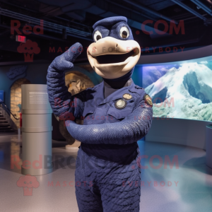 Navy Titanoboa mascot costume character dressed with a Dress and Gloves