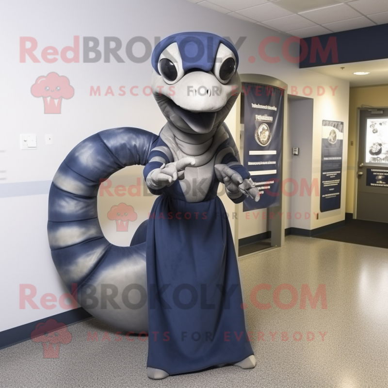 Navy Titanoboa mascot costume character dressed with a Dress and Gloves