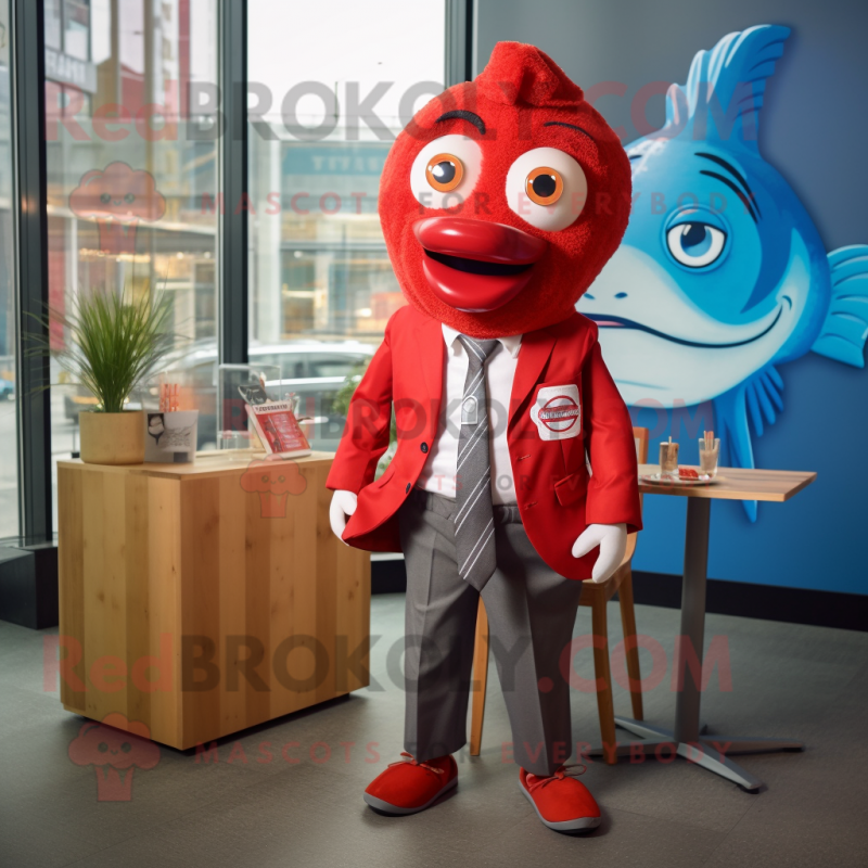 Red Fish And Chips mascot costume character dressed with a Blazer and Ties