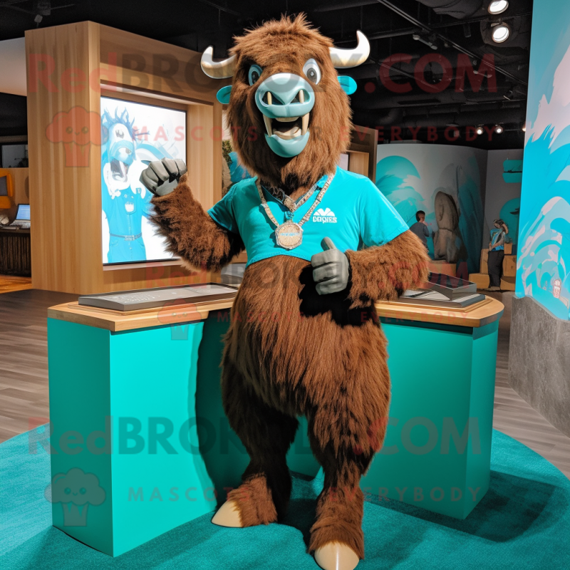 Turquoise Bison mascot costume character dressed with a Henley Shirt and Bracelet watches