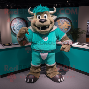 Turquoise Bison mascot costume character dressed with a Henley Shirt and Bracelet watches