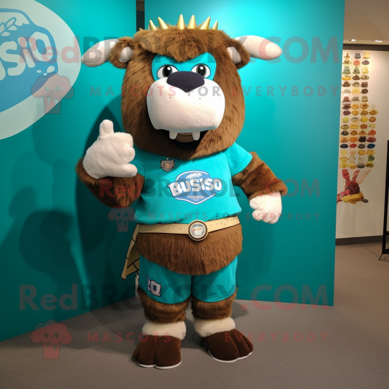 Turquoise Bison mascot costume character dressed with a Henley Shirt and Bracelet watches Turquoise Bison mascot costume character dressed with a Henley Shirt and Bracelet watches