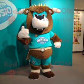 Turquoise Bison mascot costume character dressed with a Henley Shirt and Bracelet watches