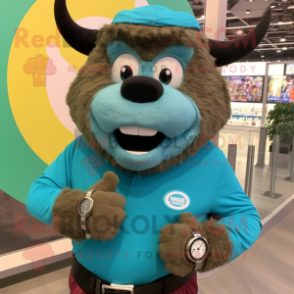 Turquoise Bison mascot costume character dressed with a Henley Shirt and Bracelet watches