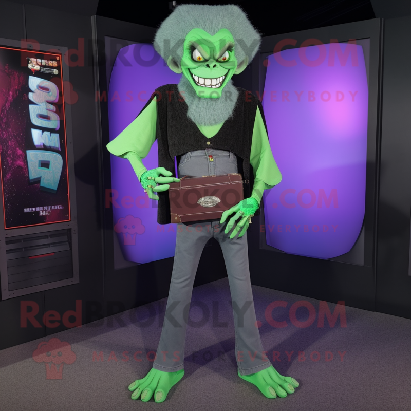 Green Vampire mascot costume character dressed with a Bootcut Jeans and Clutch bags