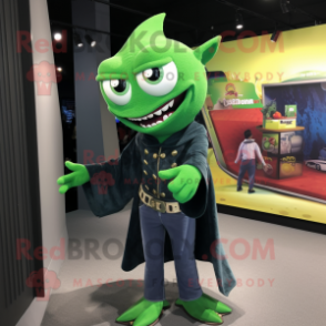 Green Vampire mascot costume character dressed with a Bootcut Jeans and Clutch bags