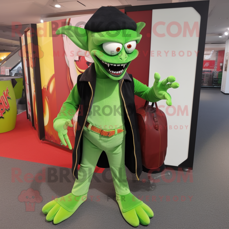 Green Vampire mascot costume character dressed with a Bootcut Jeans and Clutch bags